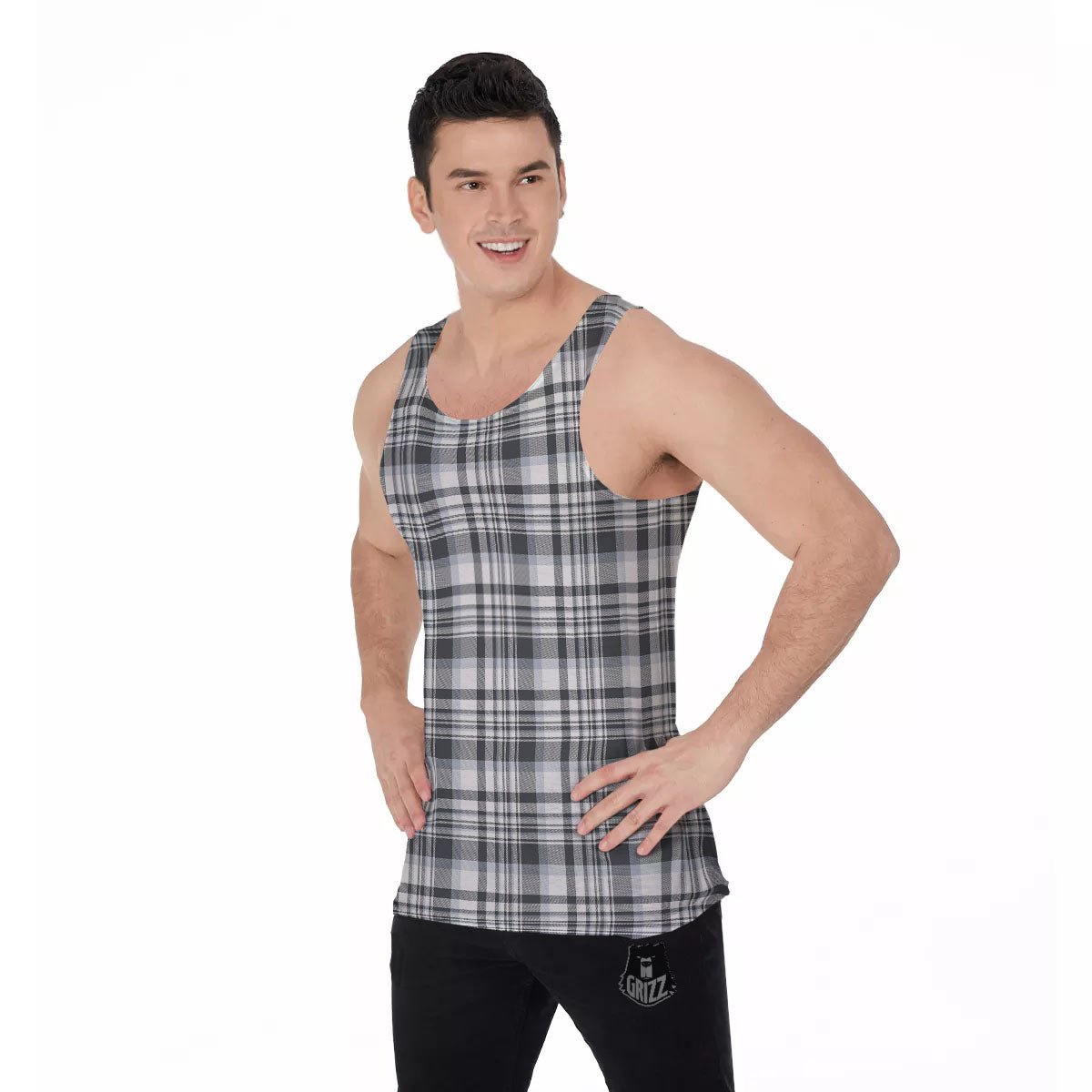 Border Tartan White And Grey Print Men's Tank Top-grizzshop