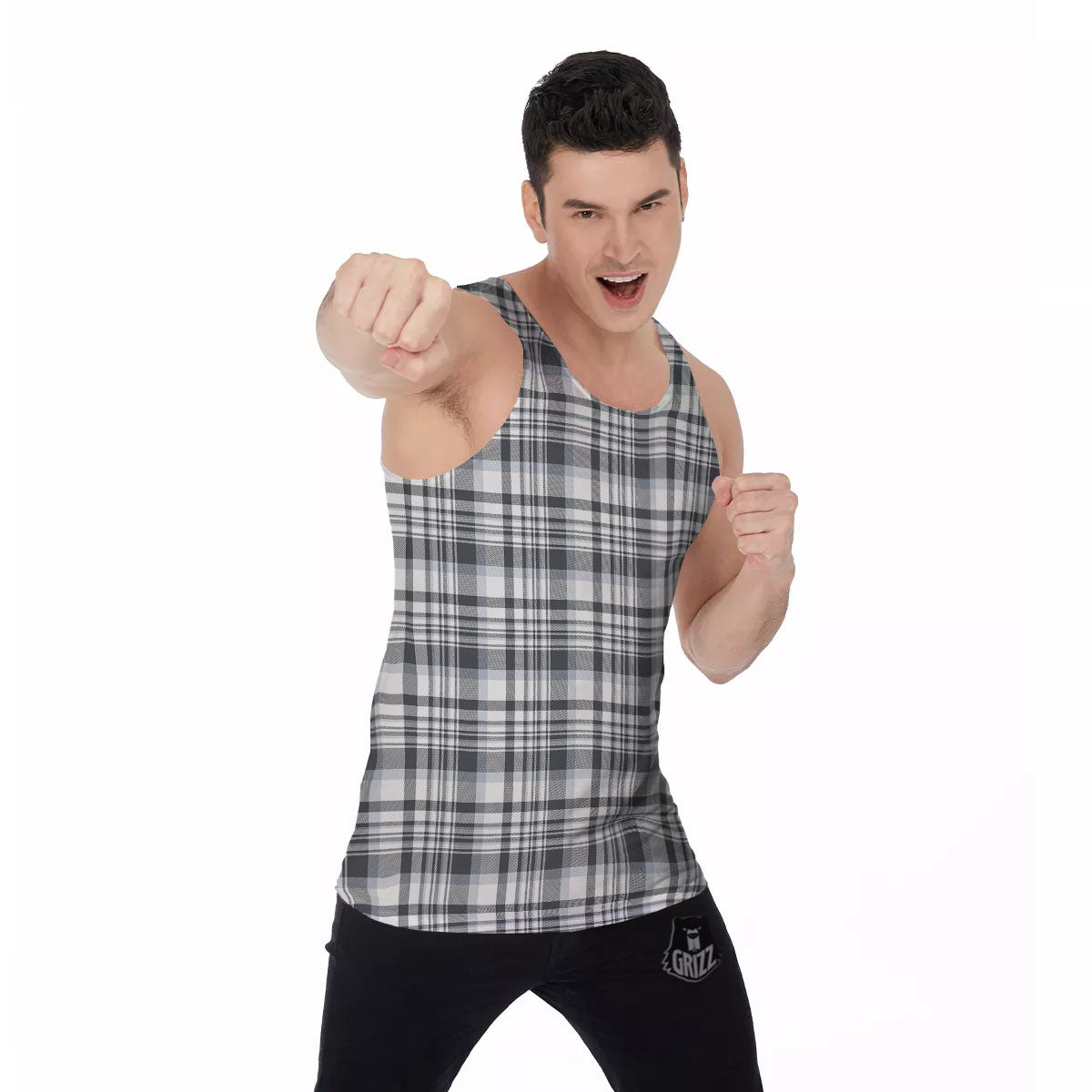 Border Tartan White And Grey Print Men's Tank Top-grizzshop