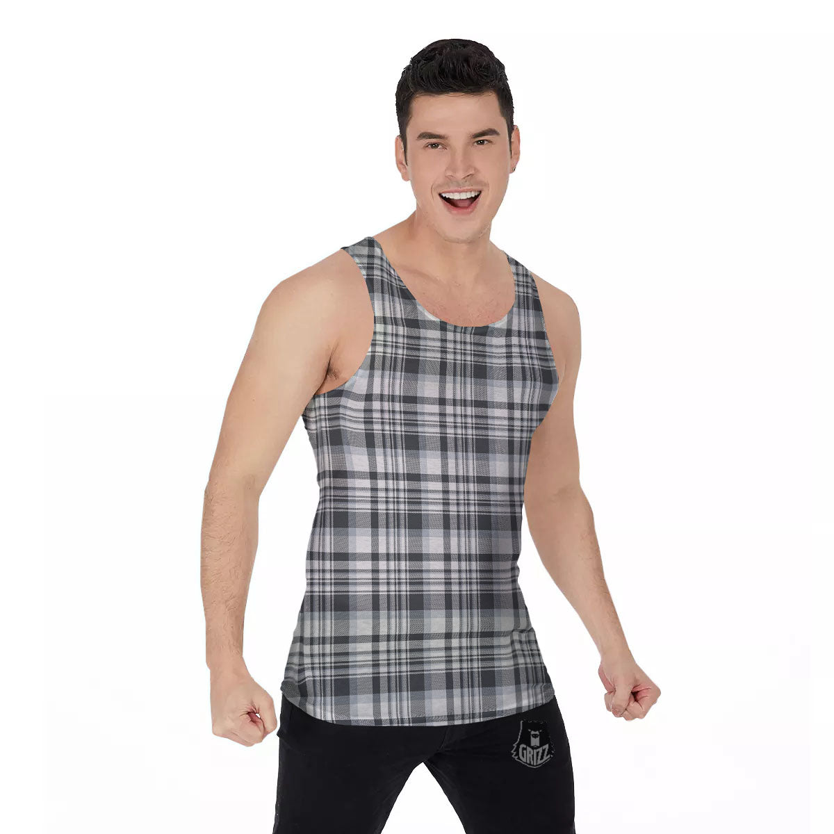 Border Tartan White And Grey Print Men's Tank Top-grizzshop