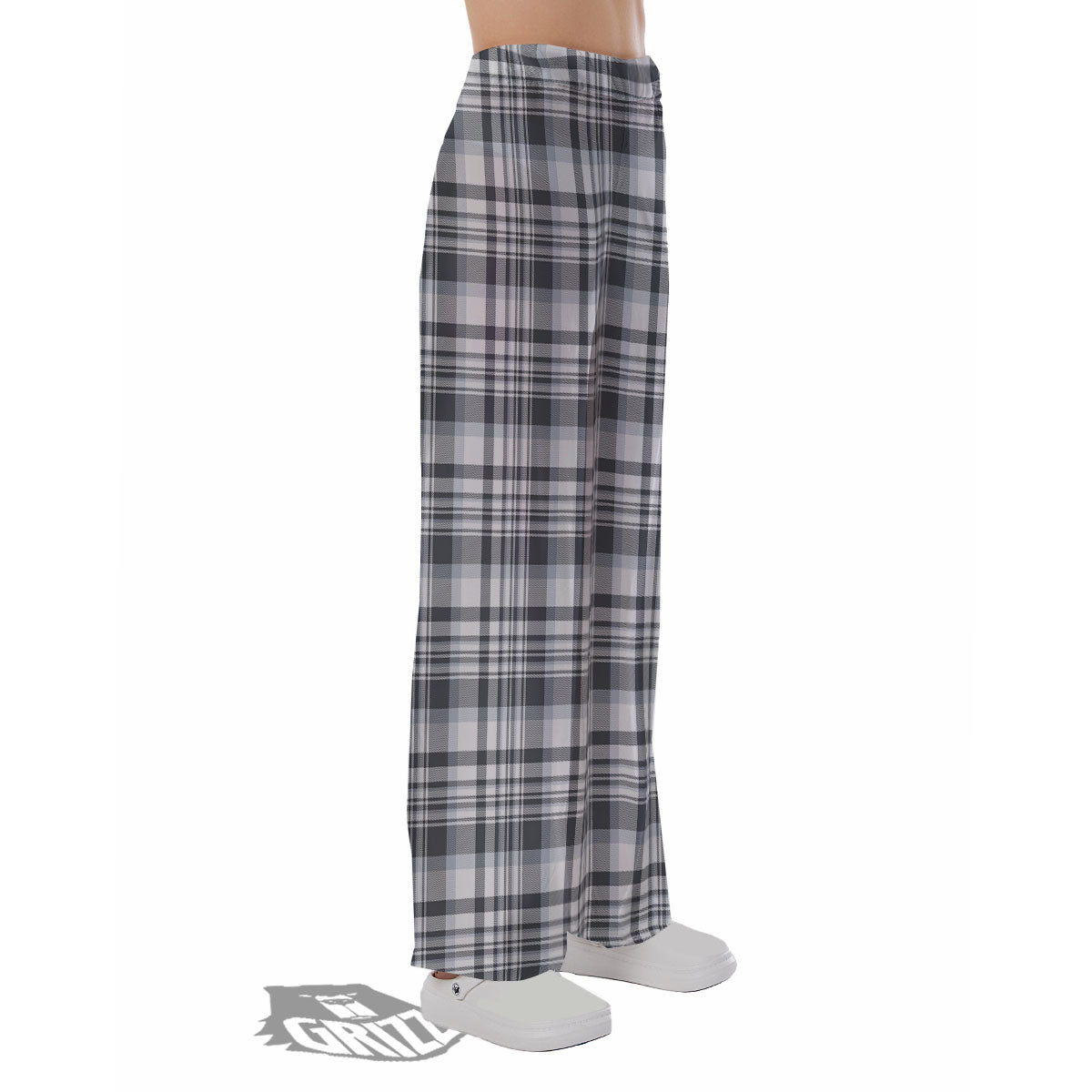 Border Tartan White And Grey Print Pajama Pants-grizzshop