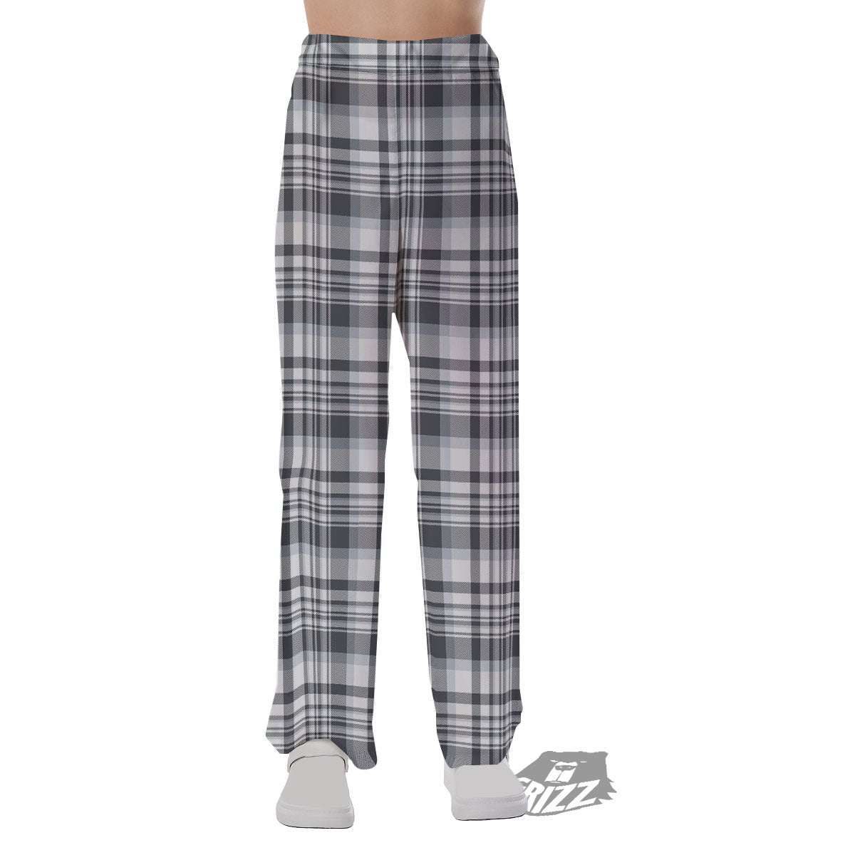 Border Tartan White And Grey Print Pajama Pants-grizzshop