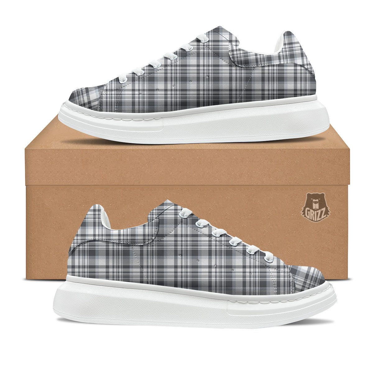 Border Tartan White And Grey Print Platform Shoes-grizzshop