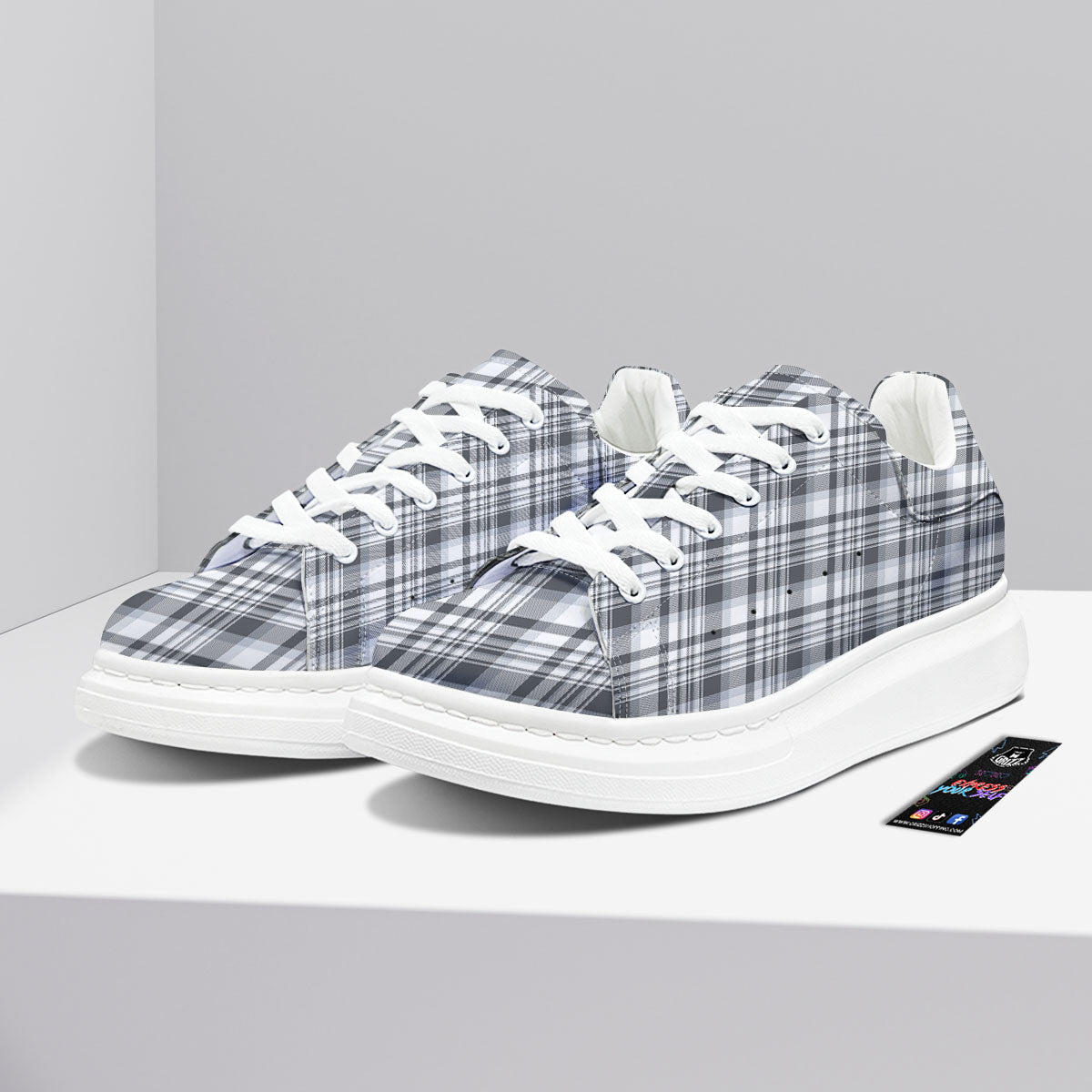 Border Tartan White And Grey Print Platform Shoes-grizzshop