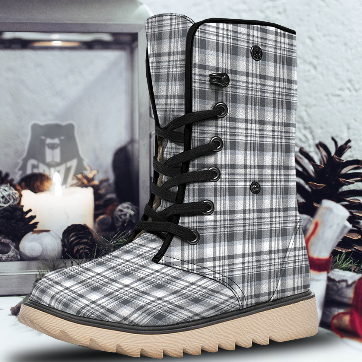 Border Tartan White And Grey Print Snow Boots-grizzshop