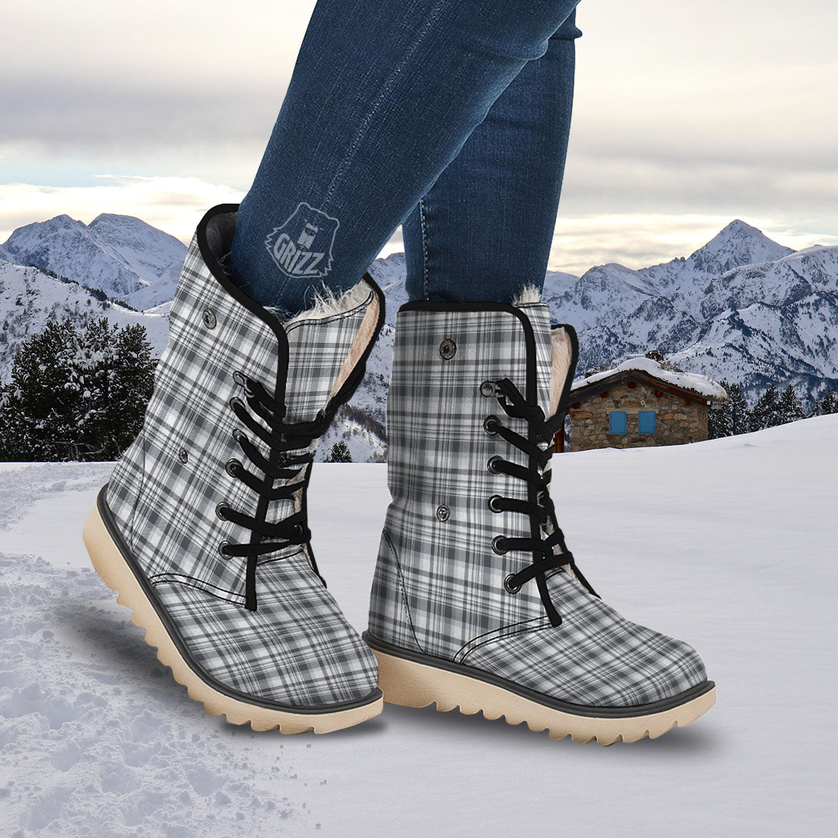 Border Tartan White And Grey Print Snow Boots-grizzshop