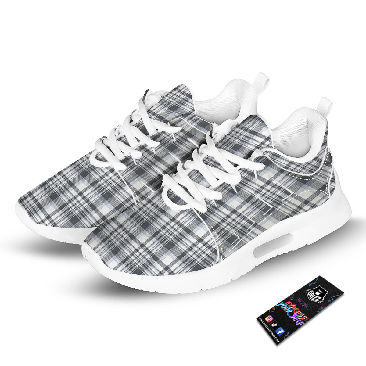Border Tartan White And Grey Print Tennis Shoes-grizzshop