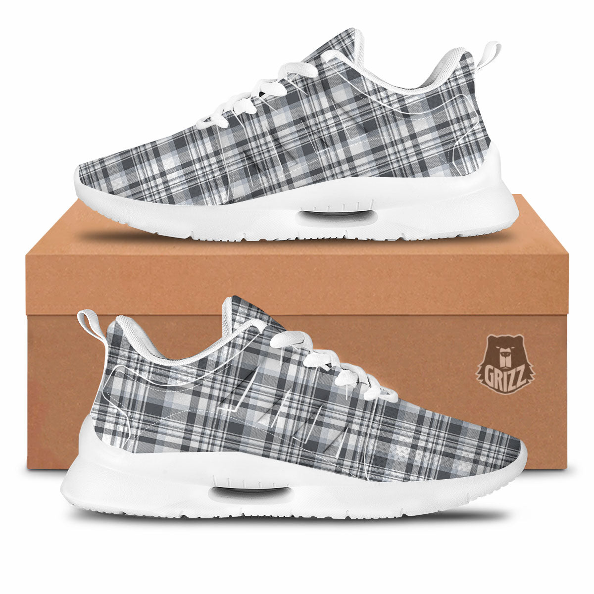Border Tartan White And Grey Print Tennis Shoes-grizzshop