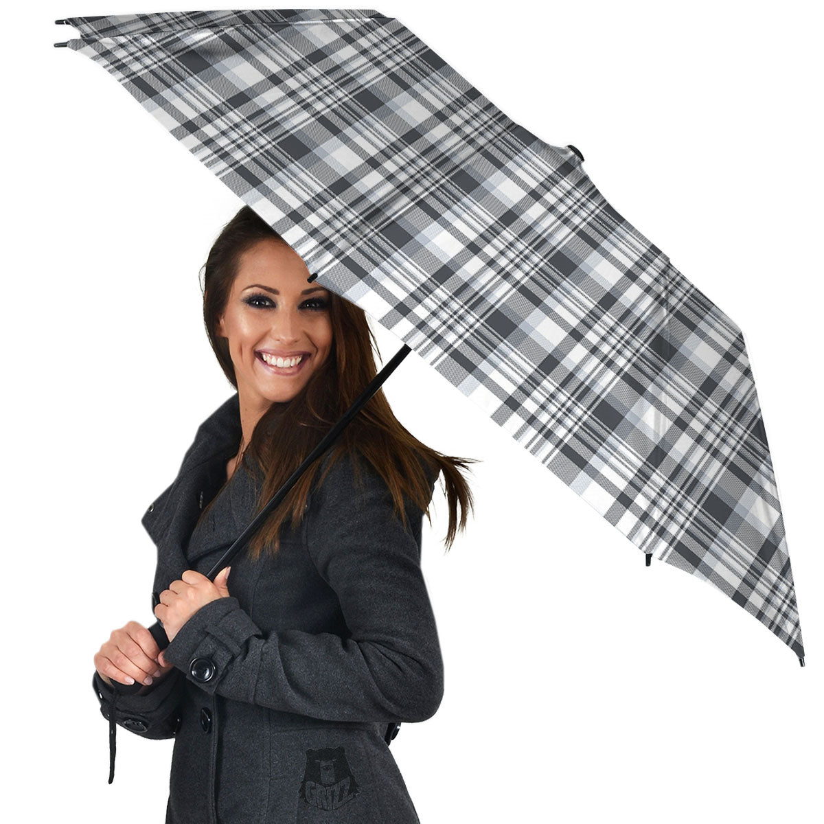 Border Tartan White And Grey Print Umbrella-grizzshop