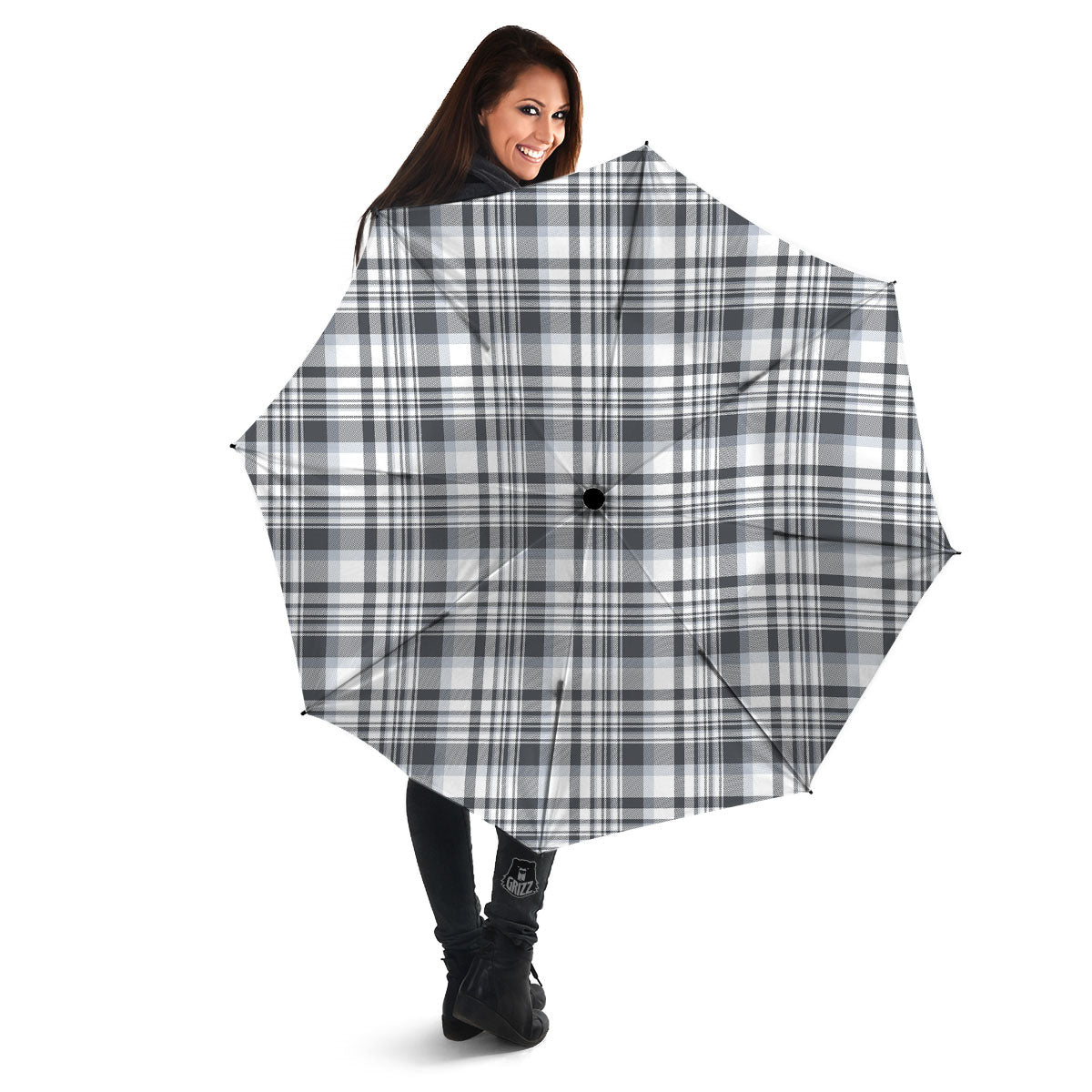Border Tartan White And Grey Print Umbrella-grizzshop