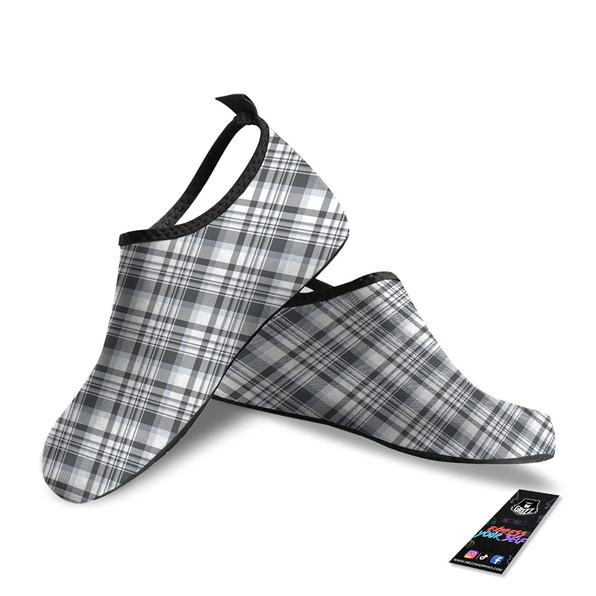 Border Tartan White And Grey Print Water Shoes-grizzshop