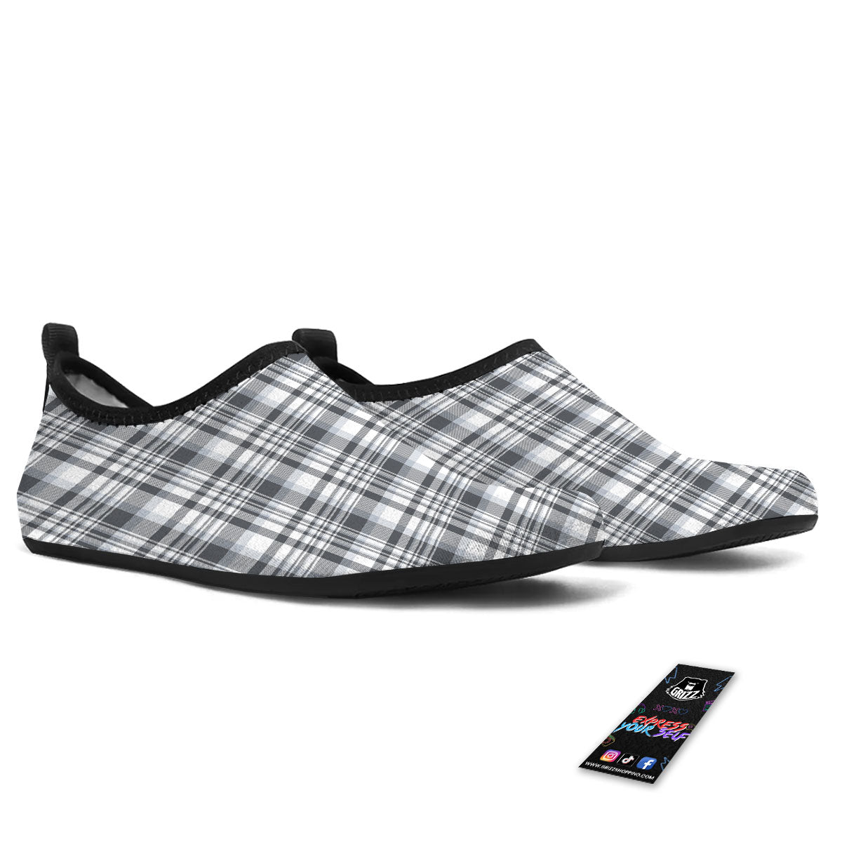 Border Tartan White And Grey Print Water Shoes-grizzshop