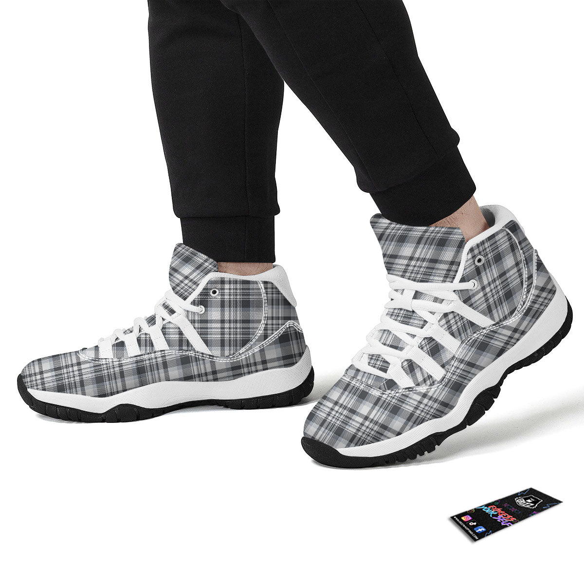 Border Tartan White And Grey Print White Bball Shoes-grizzshop