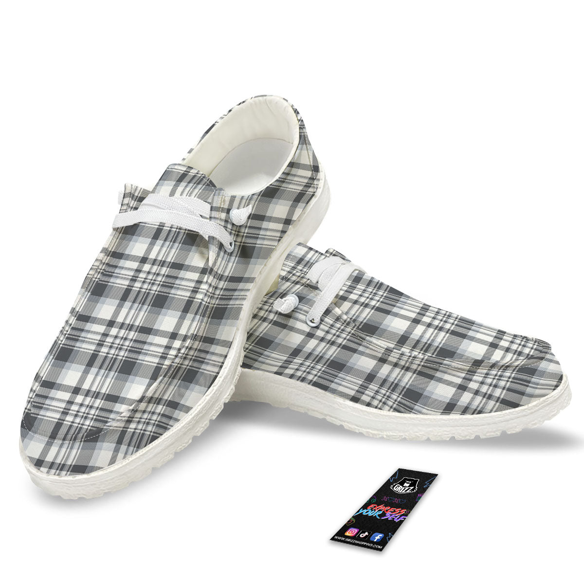 Border Tartan White And Grey Print White Loafers-grizzshop