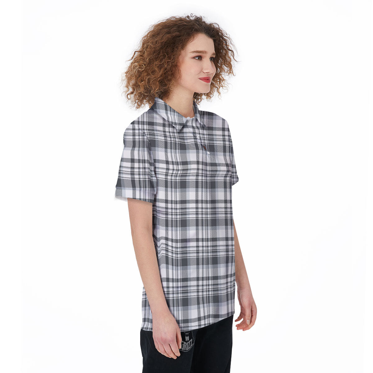 Border Tartan White And Grey Print Women's Golf Shirts-grizzshop