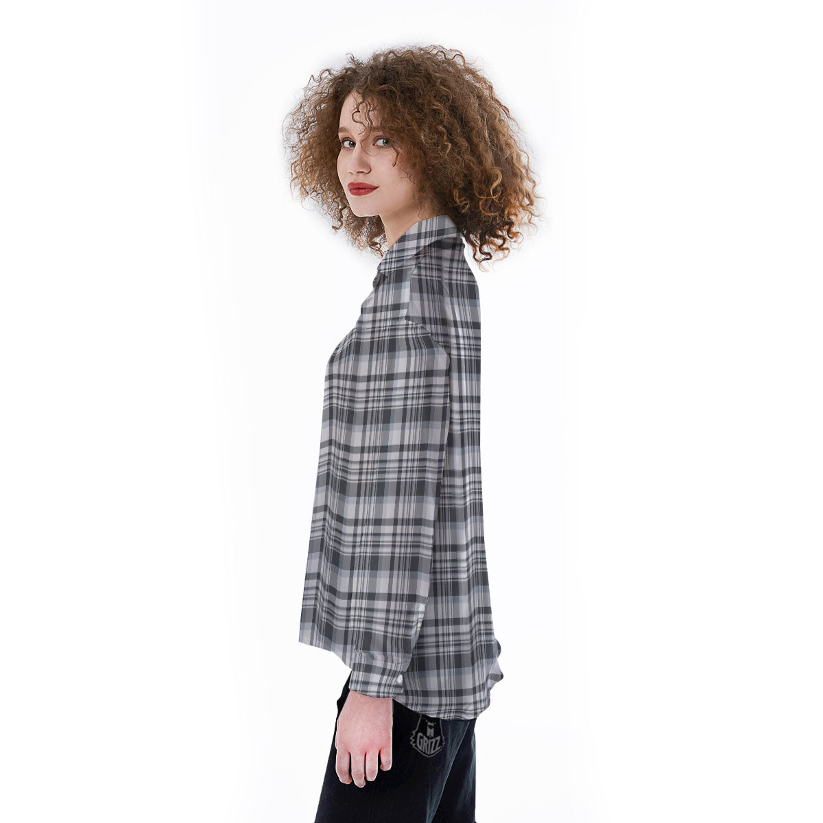 Border Tartan White And Grey Print Women's Long Sleeve Shirts-grizzshop