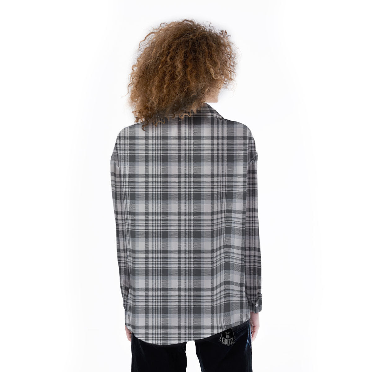 Border Tartan White And Grey Print Women's Long Sleeve Shirts-grizzshop