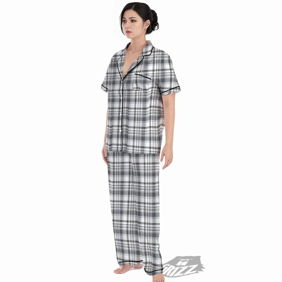 Border Tartan White And Grey Print Women's Pajamas Set-grizzshop
