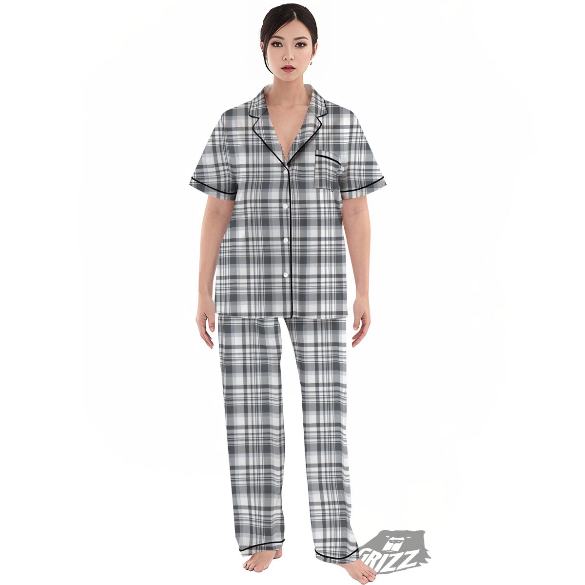 Border Tartan White And Grey Print Women's Pajamas Set-grizzshop