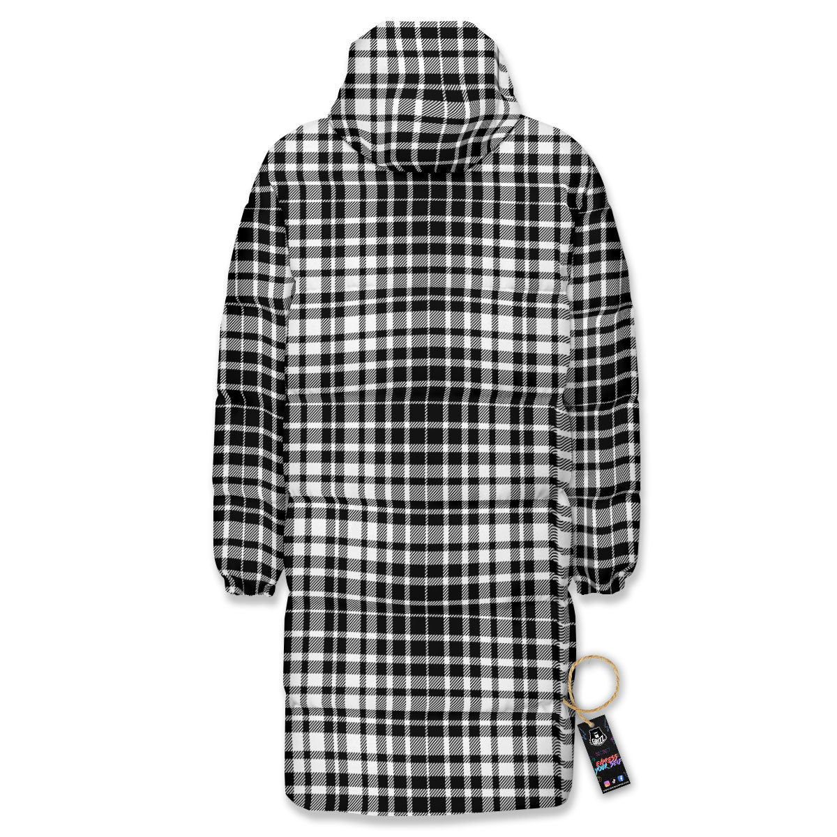 Border Tartan White And Black Print Long Down Jacket