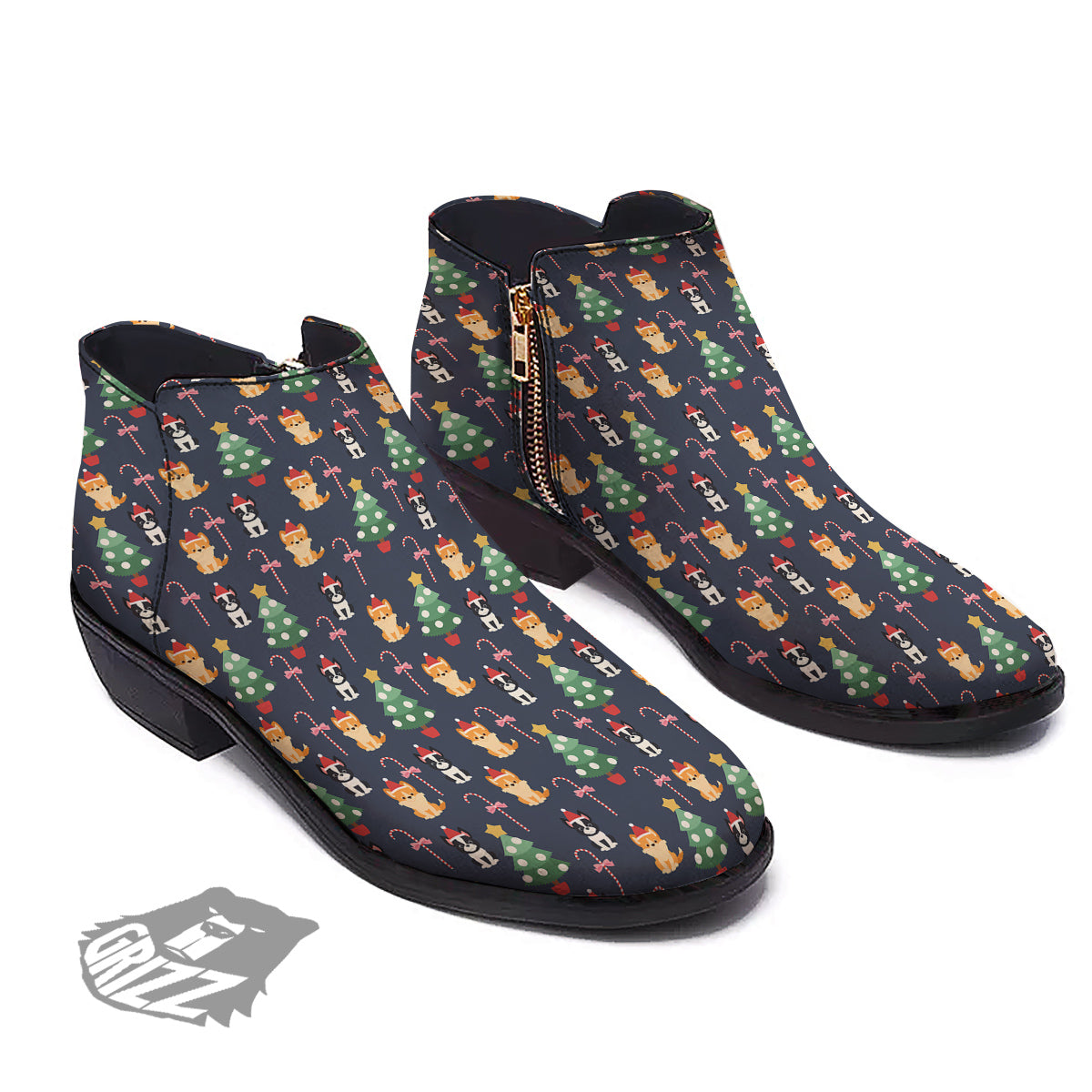 Boston Terrier And Corgi Christmas Print Ankle Boots-grizzshop