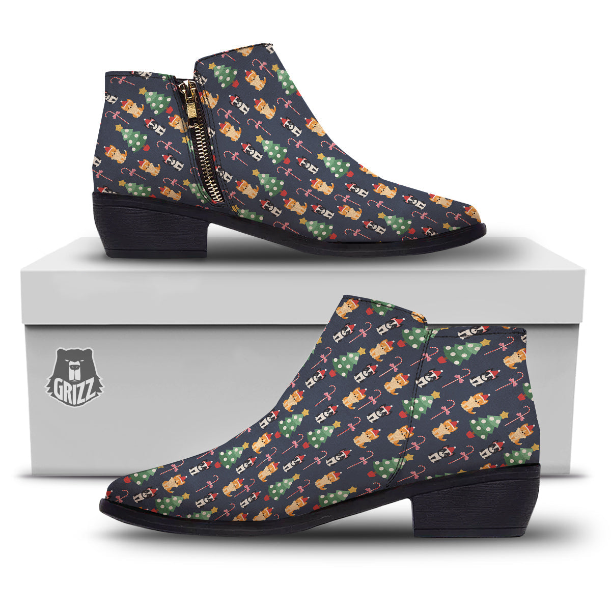 Boston Terrier And Corgi Christmas Print Ankle Boots-grizzshop