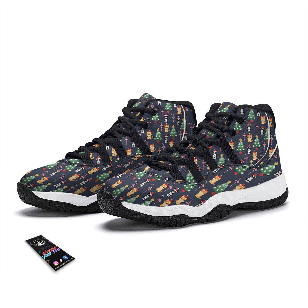 Boston Terrier And Corgi Christmas Print Black Bball Shoes-grizzshop