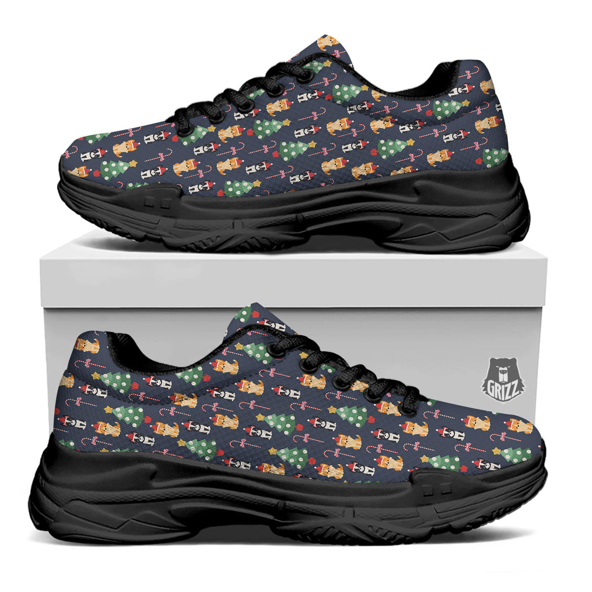 Boston Terrier And Corgi Christmas Print Black Chunky Shoes-grizzshop