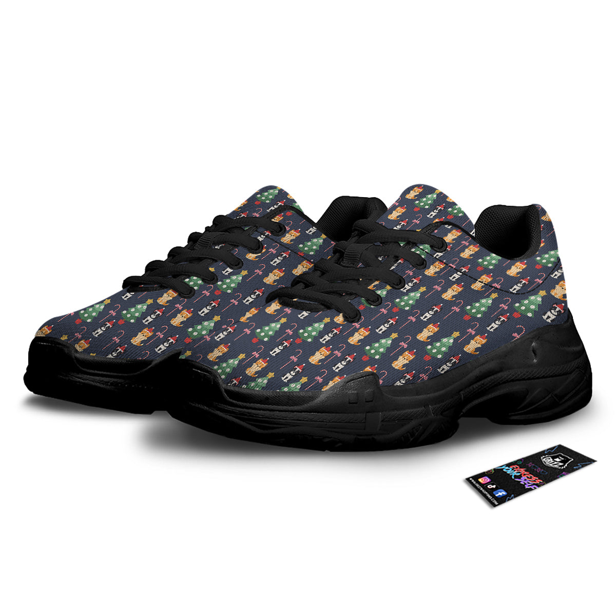 Boston Terrier And Corgi Christmas Print Black Chunky Shoes-grizzshop
