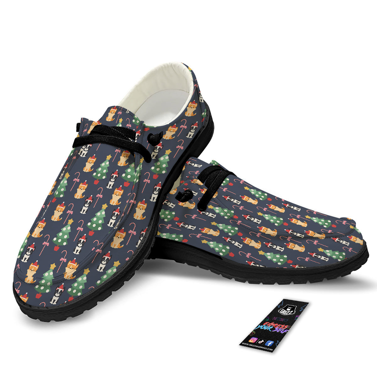 Boston Terrier And Corgi Christmas Print Black Loafers-grizzshop
