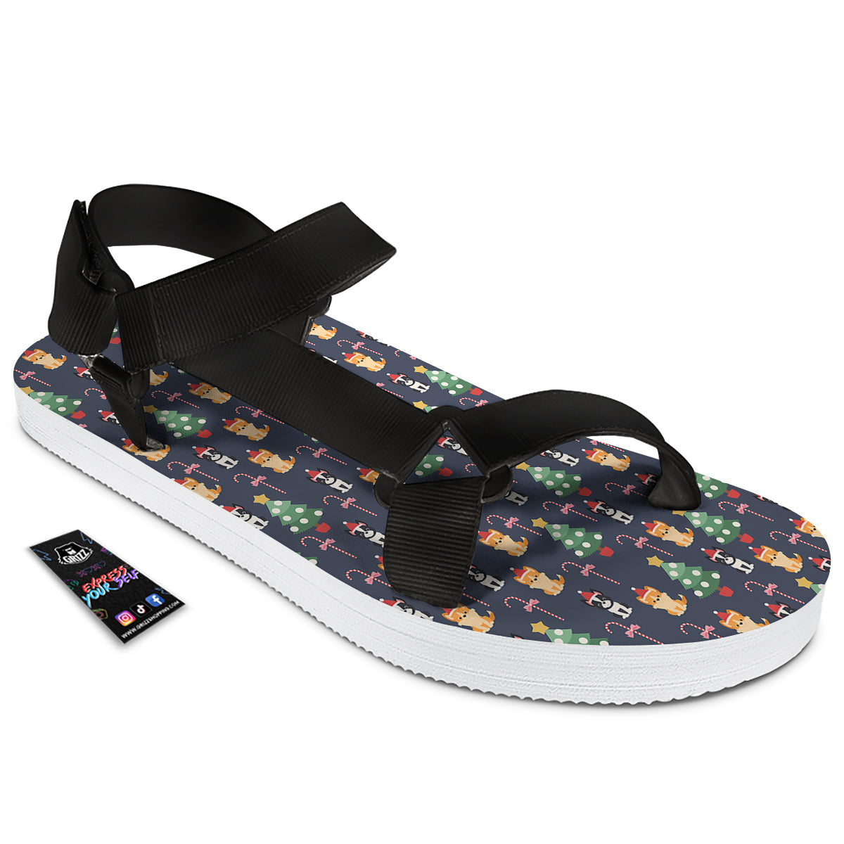 Boston Terrier And Corgi Christmas Print Black Open Toe Sandals-grizzshop