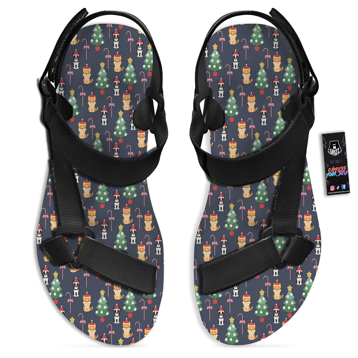 Boston Terrier And Corgi Christmas Print Black Open Toe Sandals-grizzshop
