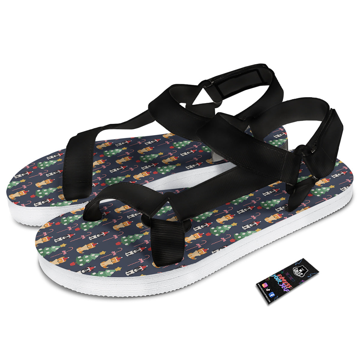 Boston Terrier And Corgi Christmas Print Black Open Toe Sandals-grizzshop