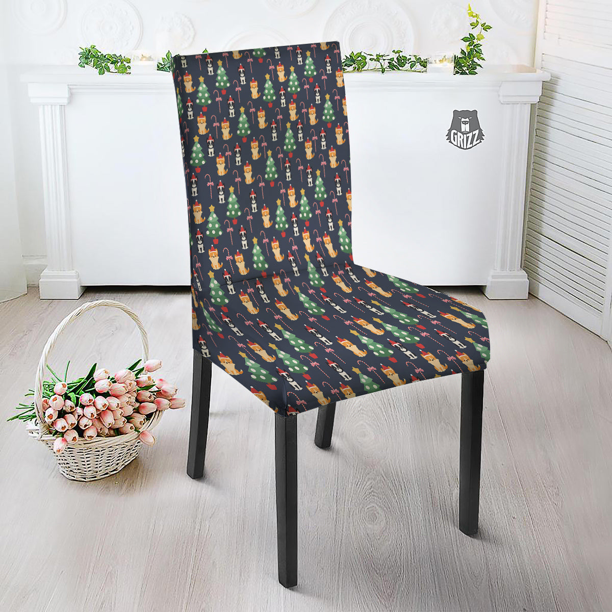 Boston Terrier And Corgi Christmas Print Dining Chair Slipcover-grizzshop