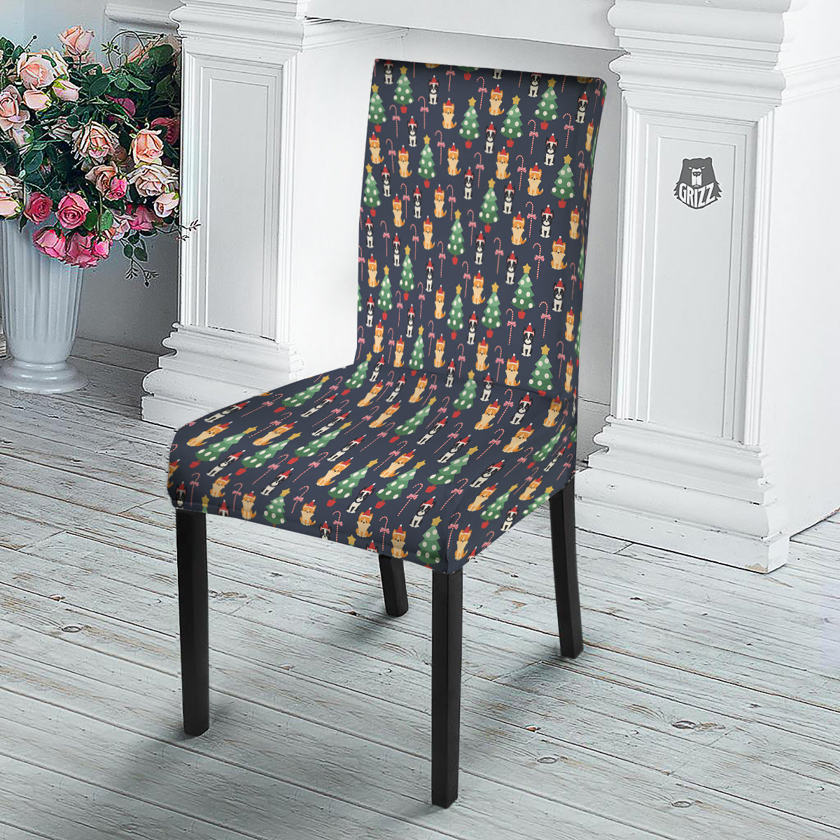 Boston Terrier And Corgi Christmas Print Dining Chair Slipcover-grizzshop