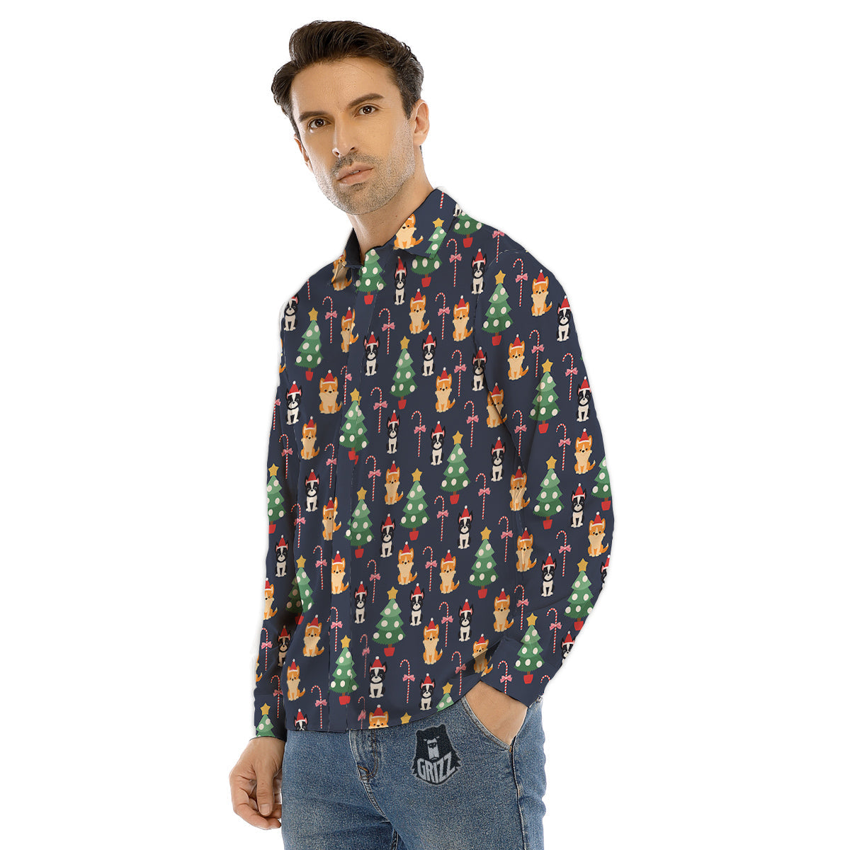 Boston Terrier And Corgi Christmas Print Men's Dress Shirts-grizzshop