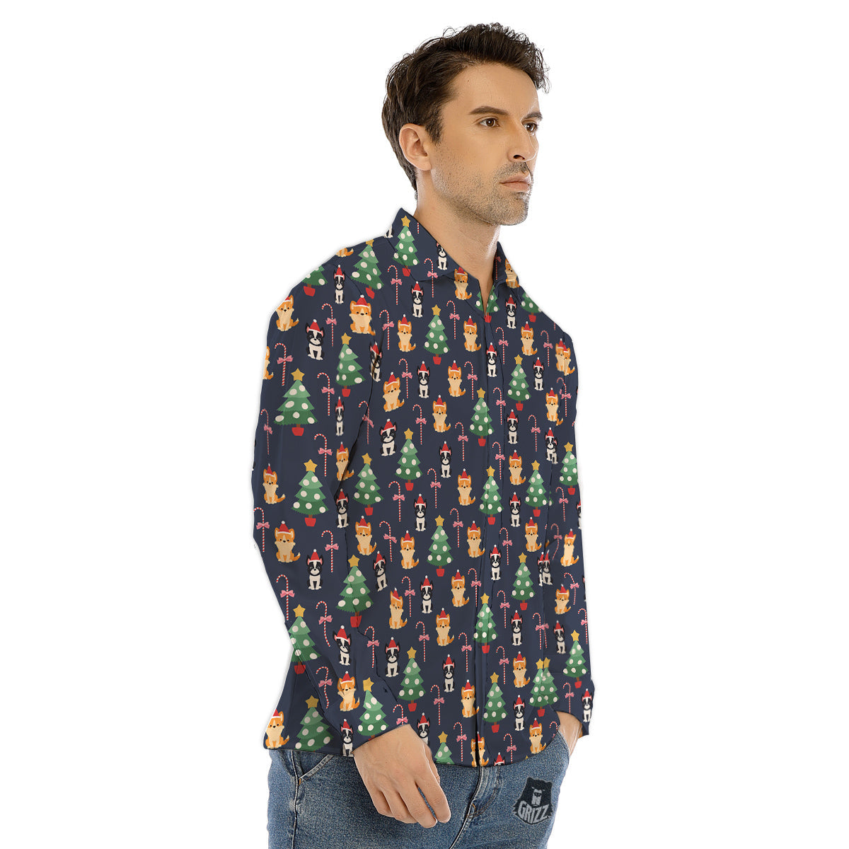 Boston Terrier And Corgi Christmas Print Men's Dress Shirts-grizzshop