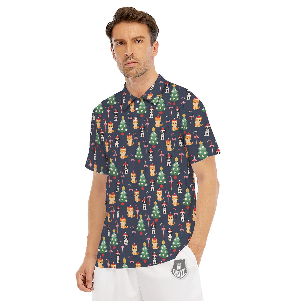Boston Terrier And Corgi Christmas Print Men's Golf Shirts-grizzshop