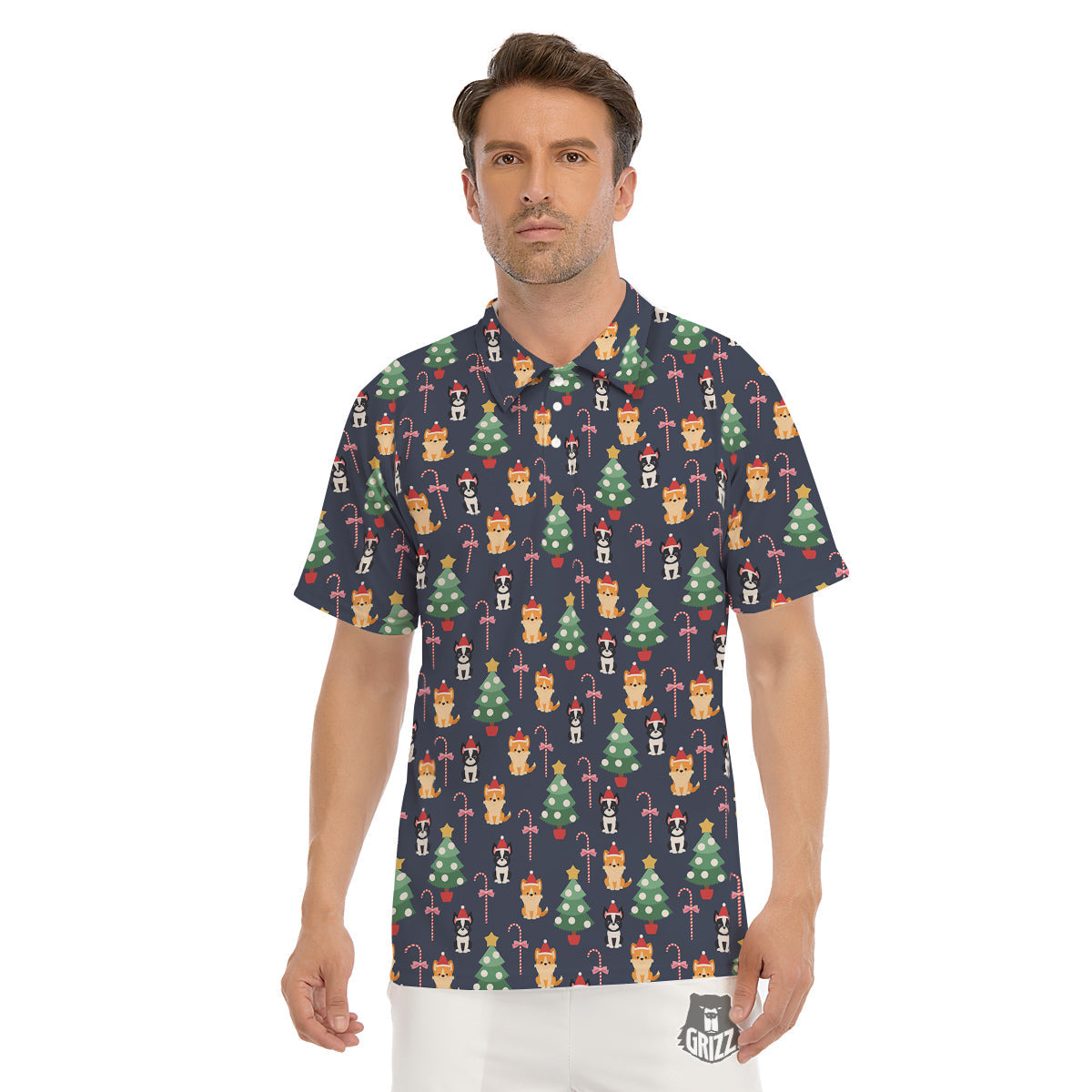 Boston Terrier And Corgi Christmas Print Men's Golf Shirts-grizzshop