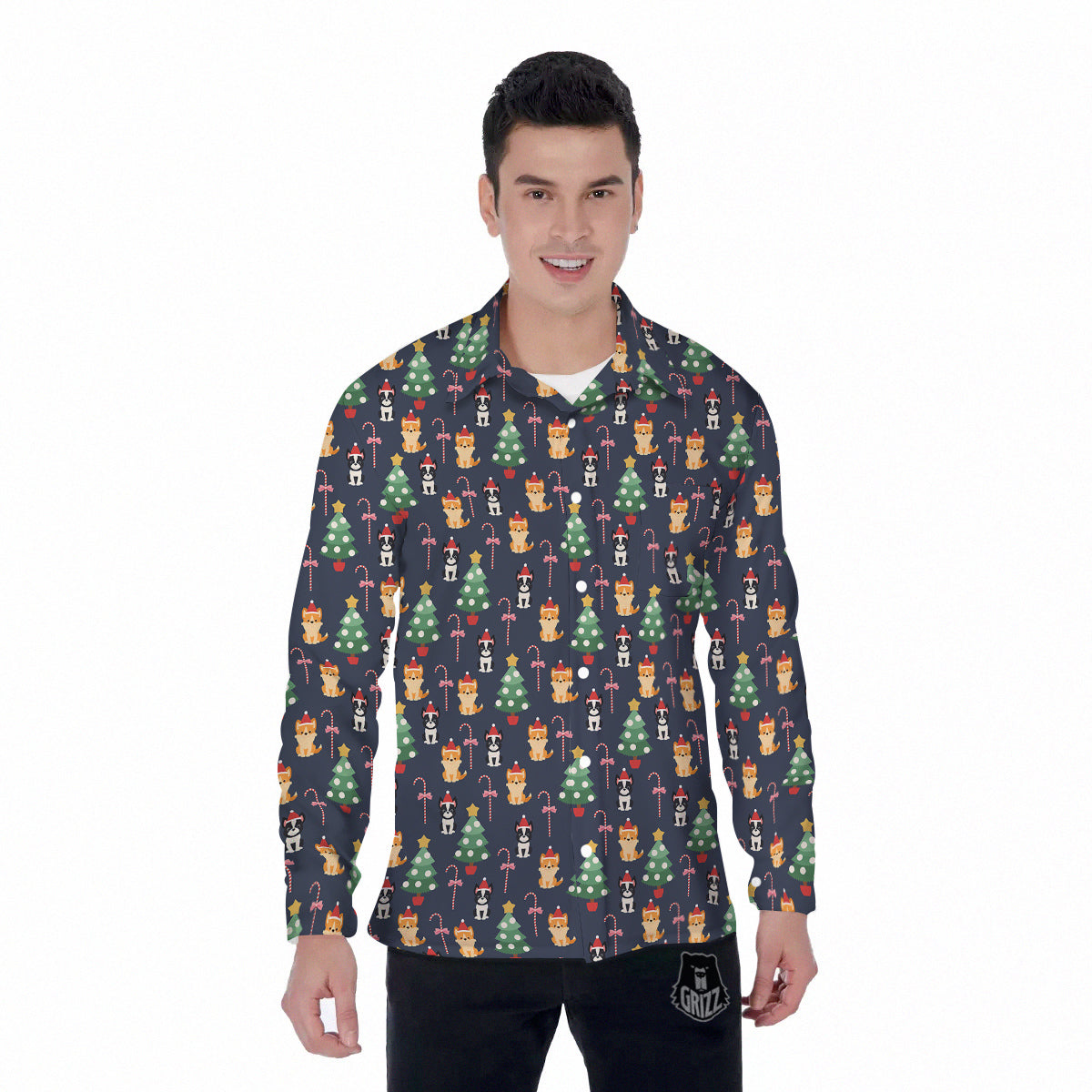 Boston Terrier And Corgi Christmas Print Men's Long Sleeve Shirts-grizzshop