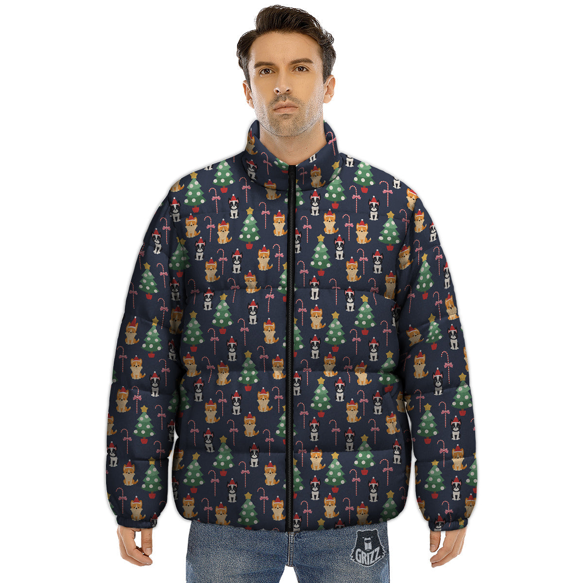 Boston Terrier And Corgi Christmas Print Puffer Jacket-grizzshop