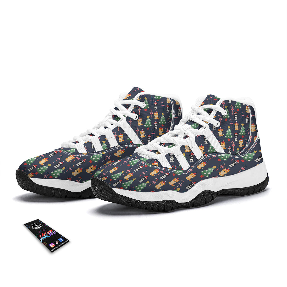 Boston Terrier And Corgi Christmas Print White Bball Shoes-grizzshop