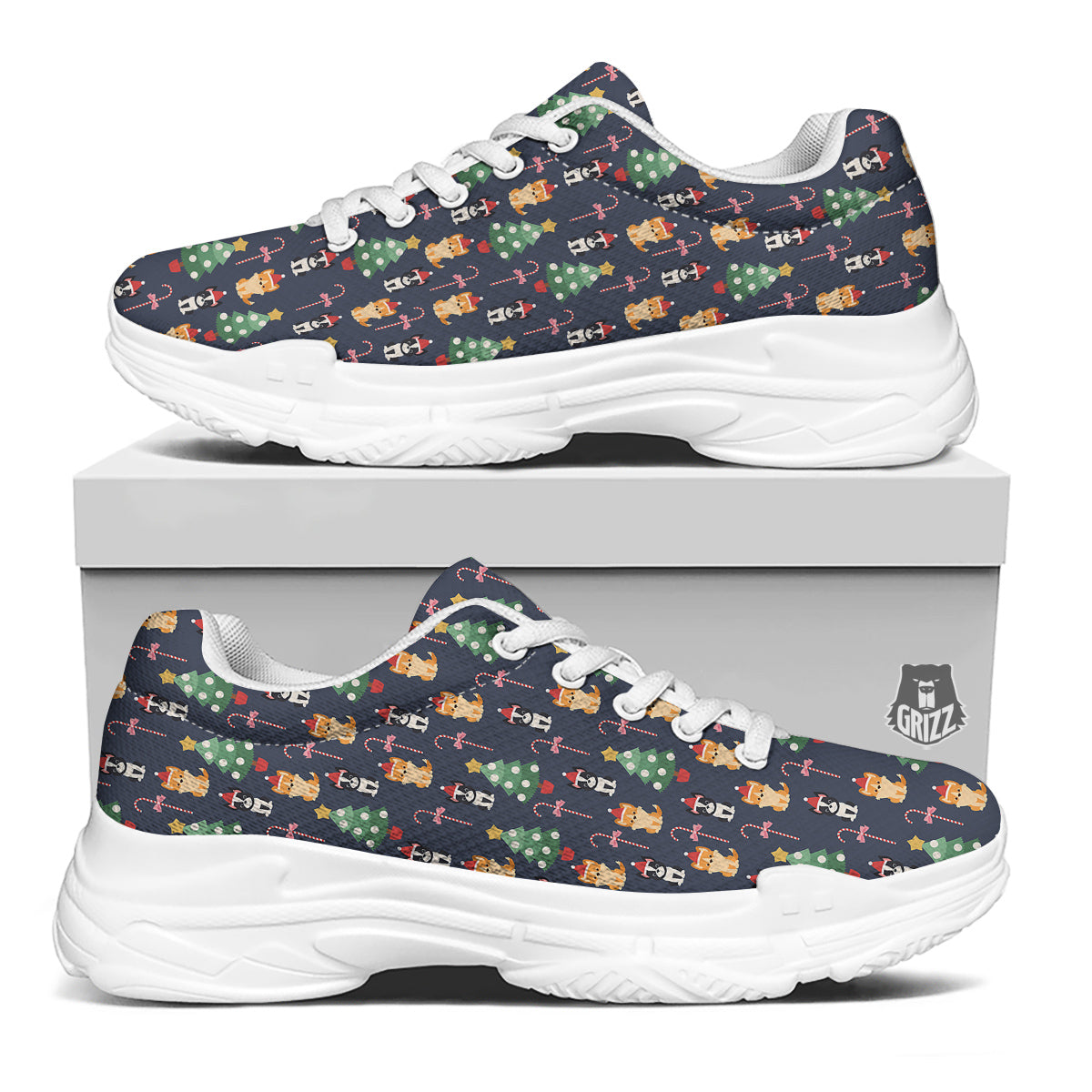 Boston Terrier And Corgi Christmas Print White Chunky Shoes-grizzshop