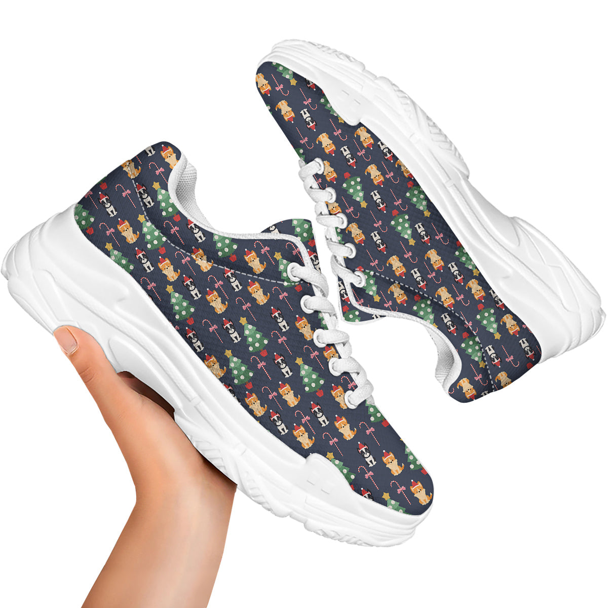 Boston Terrier And Corgi Christmas Print White Chunky Shoes-grizzshop