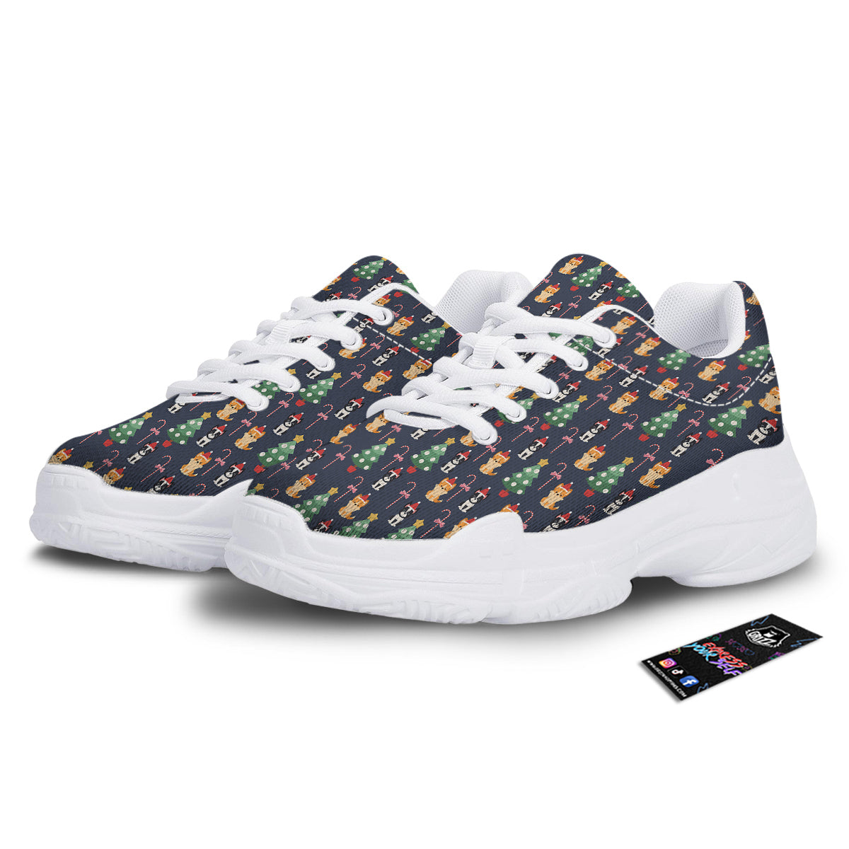 Boston Terrier And Corgi Christmas Print White Chunky Shoes-grizzshop