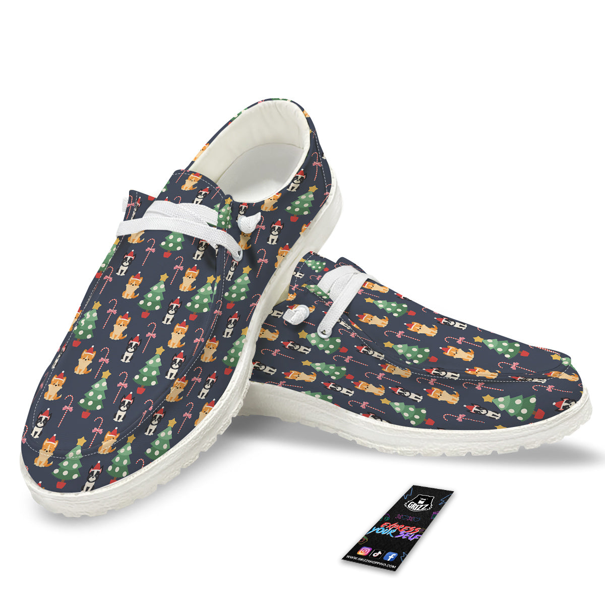 Boston Terrier And Corgi Christmas Print White Loafers-grizzshop