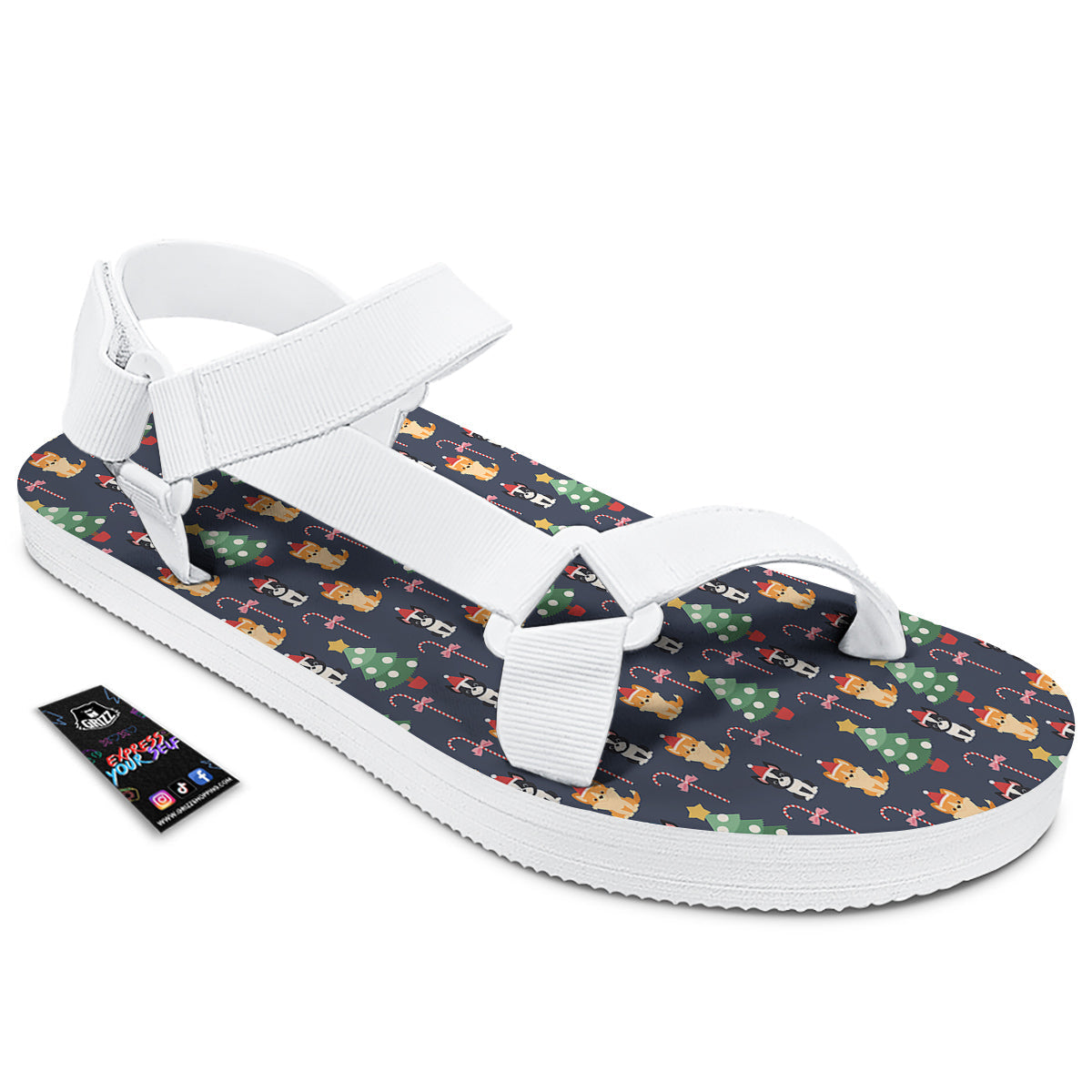 Boston Terrier And Corgi Christmas Print White Open Toe Sandals-grizzshop
