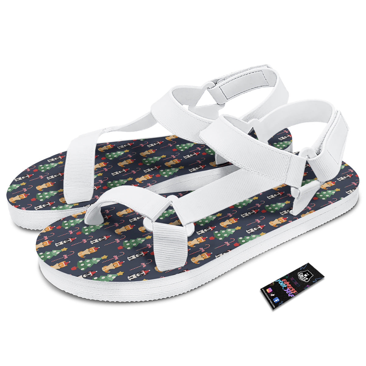 Boston Terrier And Corgi Christmas Print White Open Toe Sandals-grizzshop