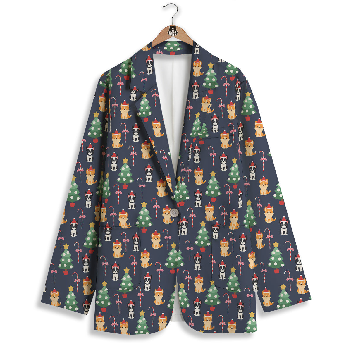 Boston Terrier And Corgi Christmas Print Women's Blazer-grizzshop