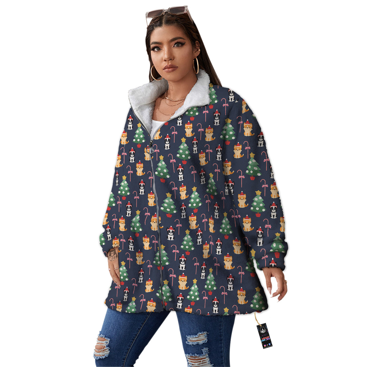 Boston Terrier And Corgi Christmas Print Women's Sherpa Jacket-grizzshop