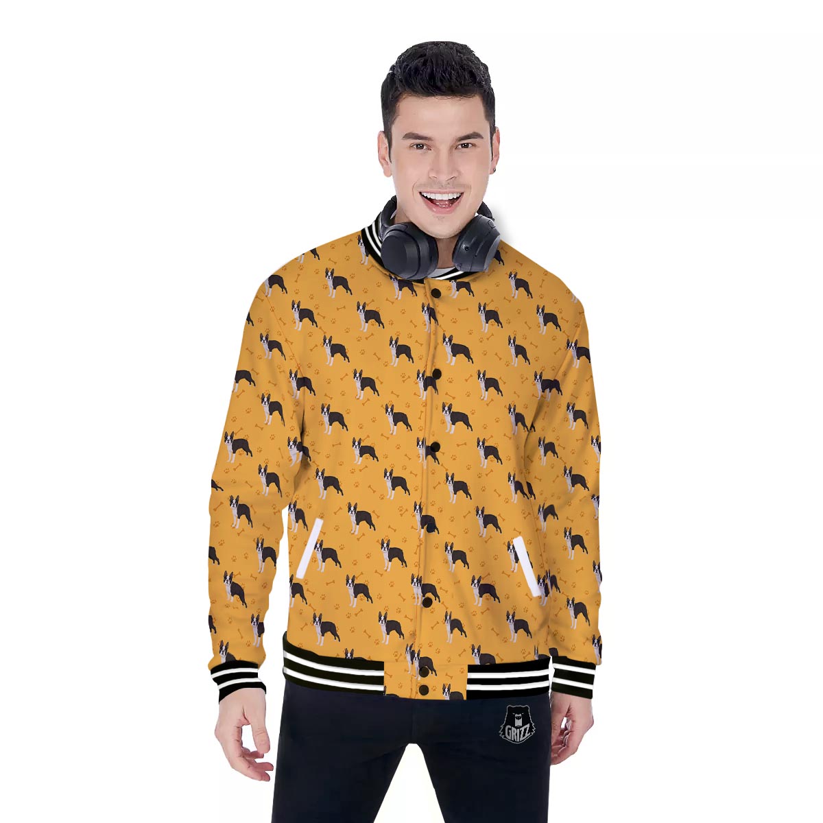 Boston Terrier Cartoon Print Pattern Baseball Jacket-grizzshop